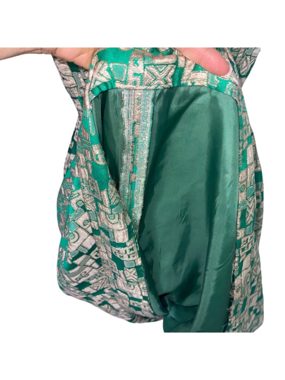 Vintage Womens Pleated Maxi Dress Size Small Green Gold Geometric Print Casual - Picture 11 of 16
